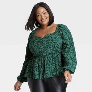 Ava & Viv green and black floral puff sleeve peplum blouse green 2XL